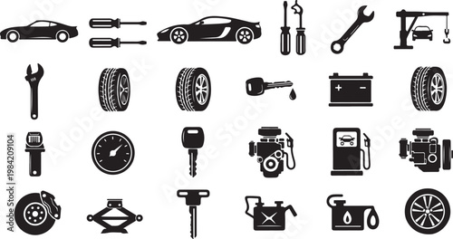 Car repair tools and parts icons set illustration