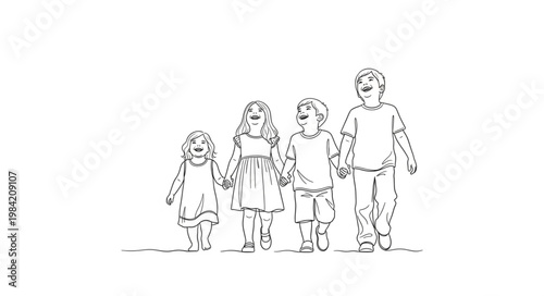 Line Drawing of Four Children Holding Hands Standing Together.