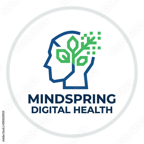 Digital health icon featuring human head silhouette with pixelated leaf for online therapy