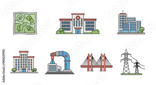 Set of flat linear vector icons representing modern urban infrastructure elements including a hospital building, suspension bridge, office skyscrapers, industrial robot arm, and power lines.