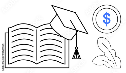 Education, financial planning, scholarships, academic goals, career growth, knowledge. An open book with a graduation cap and dollar coin. Education and financial planning concept