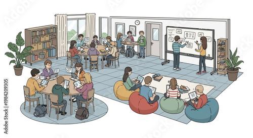 Isometric illustration of students participating in learning activities inside a school classroom, with some using laptops on beanbag chairs and others near a whiteboard, all in a brightly
