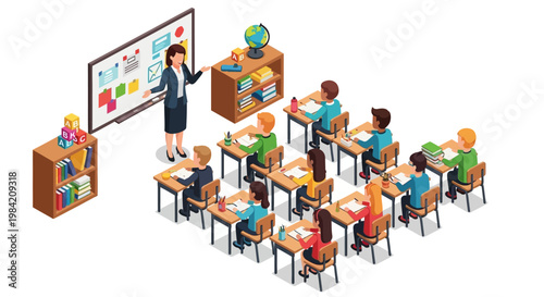 Isometric vector illustration showing a teacher conducting a lesson in a brightly lit classroom with students sitting at desks, creating a modern and engaging environment for learning