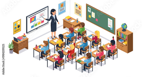 Isometric vector illustration of a teacher leading a lesson in a colorful school classroom filled with children at their desks, presented in a playful cartoon style against a clean white
