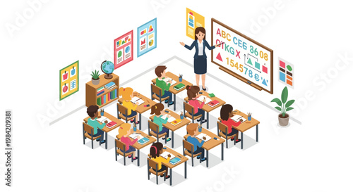 Isometric vector illustration of a teacher instructing students in a bright classroom with desks, a chalkboard, and educational posters, conveying a vibrant and engaging learning