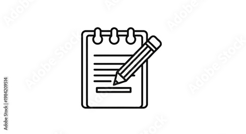 Minimalist black outline vector icon of a notepad clipboard with horizontal text lines and a pencil writing on the page, isolated on a white background for business and office use.