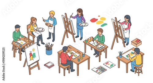 Isometric vector illustration of children and teenagers in a classroom, engaged in learning activities like drawing and painting at easels and desks, with a bright and colorful design