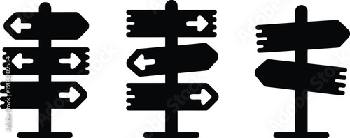 Black and white signpost icons directional arrows on wooden posts