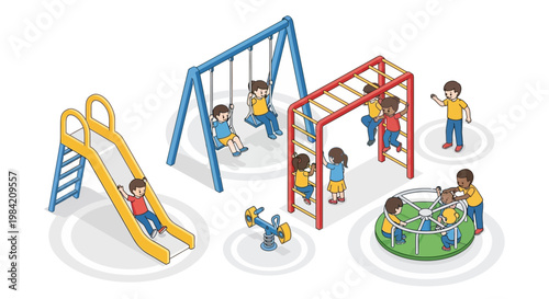 Isometric illustration of children enjoying learning activities on a colorful school playground, showcasing various play structures and characters with a clean vector design and a bright