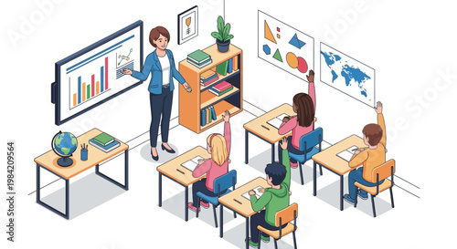 Isometric vector art shows a teacher instructing students in a classroom, using a monitor to present graphs and maps, with a clean design and an educational mood, against a white background