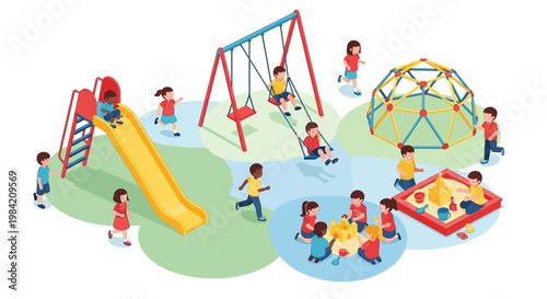Isometric vector illustration of cheerful children playing on a colorful playground, with some on a slide, others on swings, and some in a sandbox, set against a white background
