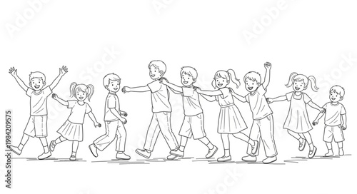 Line of Children Walking Together Hand in Hand.