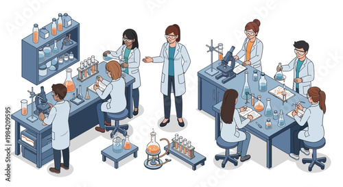 Isometric illustration of students in a school laboratory room, conducting scientific experiments with glassware and microscopes under the supervision of a teacher, rendered in a clean