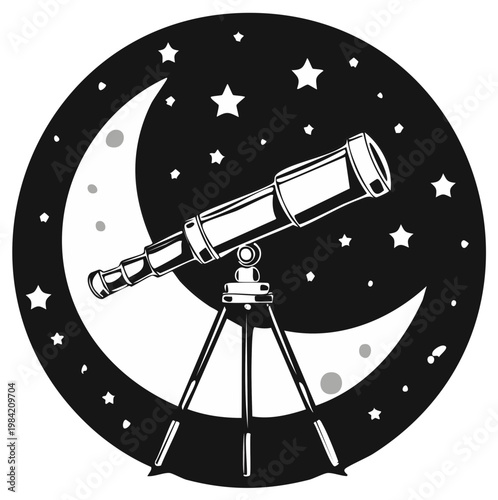Vintage telescope on a tripod observing the crescent moon and starry night sky