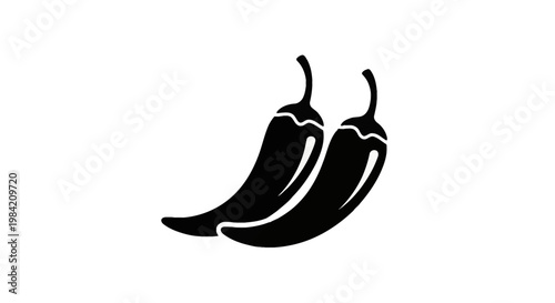 A minimalist black silhouette vector illustration of two curved spicy chili peppers with stems and light highlight accents, isolated on a clean white background for design projects.