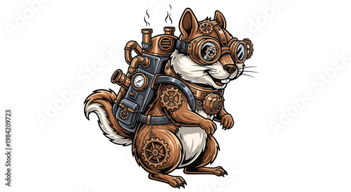 Whimsical steampunk squirrel illustration, featuring an adorable creature wearing intricate goggles and a detailed mechanical backpack with gears.