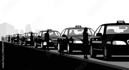 Line of Black Taxis on City Street.