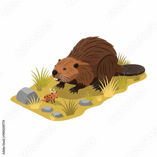 Isometric illustration of a large brown beaver with a flat tail and visible teeth standing on a grassy patch of ground next to a tiny miniature spotted deer isolated on white background.