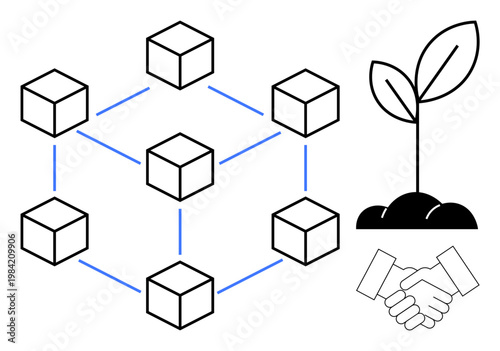 Blockchain, eco-innovation, environmental sustainability, business cooperation, decentralized systems, green economy. Network of blocks, sapling and handshake icons. Blockchain and eco-innovation