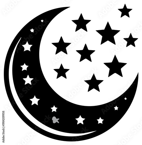Crescent moon with stars floating around, symbol of night sky, lunar phases, black and white vector illustration