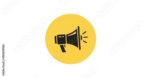 Black megaphone icon silhouette with sound lines inside a yellow circle on a white background. This vector graphic represents news, announcements, marketing, and public speaking.