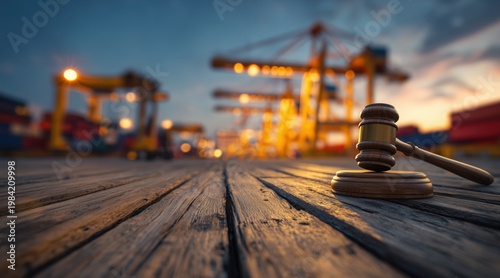 Wooden gavel on dock with blurred shipping terminal and cranes at sunset