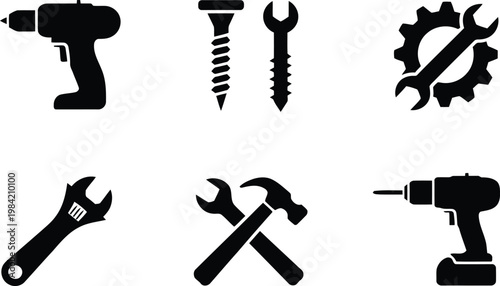 Black silhouette icons of various hand tools for repair and construction