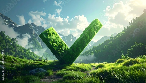 Green checkmark covered in grass stands tall in a sunny mountain valley
