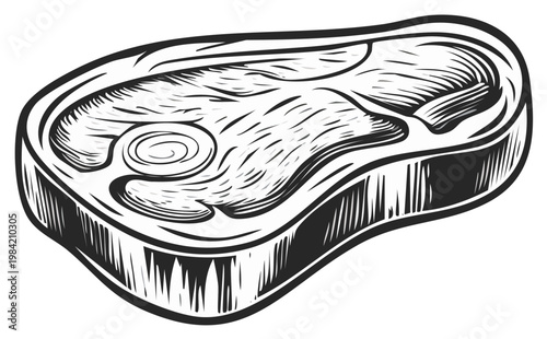 Monochrome illustration of a fresh cut beef steak with bone ready for cooking or grilling