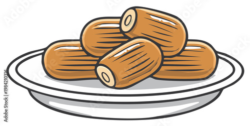 A pile of traditional sweet date rolls on a plate cartoon vector illustration