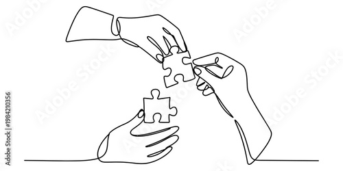 Continuous line drawing of two human hands bringing two puzzle pieces together for connection. Vector, illustration
