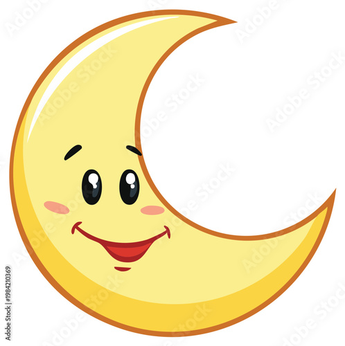 Cartoon crescent moon illustration with cute, happy facial expression for children's designs and nocturnal themed decorations.