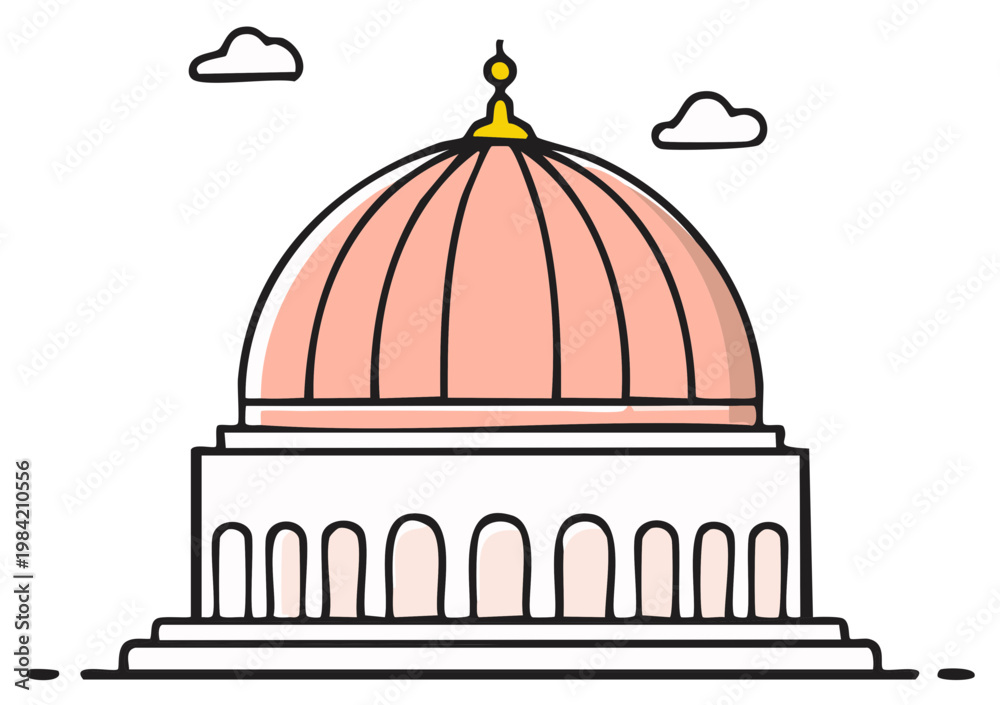 Obraz premium Cartoon illustration of a grand building with a dome roof and a simple sky.