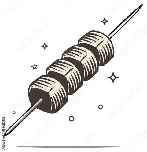 Monochrome graphic illustration of simple food pieces on a skewer culinary snack design element