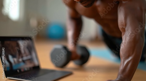 Muscular man performing renegade row exercise with dumbbell near laptop at home