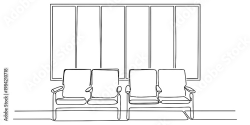 A simple black and white line drawing of four waiting room chairs placed in front of a window Vector, illustration