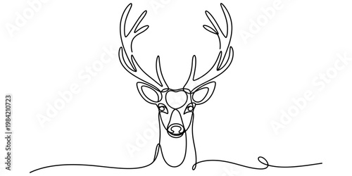 Minimalist continuous line drawing of a majestic deer head with large antlers on white background Vector, illustration