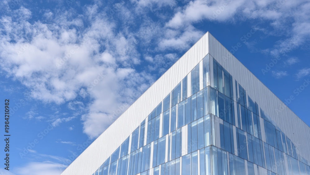 Fototapeta premium A modern building's corner reaches towards a vibrant blue sky filled with fluffy white clouds.