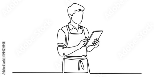 Continuous line drawing of a waiter wearing an apron while holding a digital tablet for ordering Vector, illustration