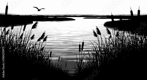 Serene Lakeside Silhouette Vector Illustration at Dawn with Cattails and a Flying Bird