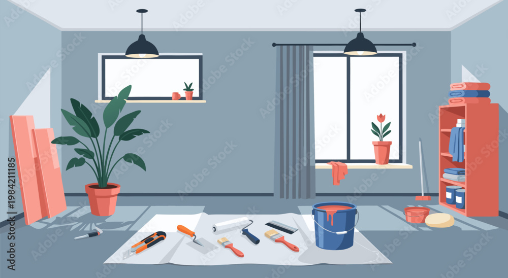 Fototapeta premium Home Renovation Scene Vector Illustration Painting and DIY Project Setup