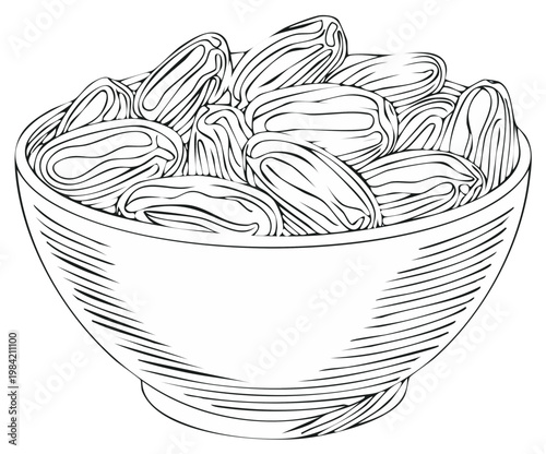 Hand drawn illustration of dried dates in a simple bowl in black and white