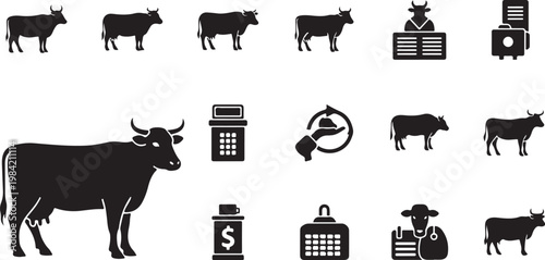 Black and white cow farm business icons set