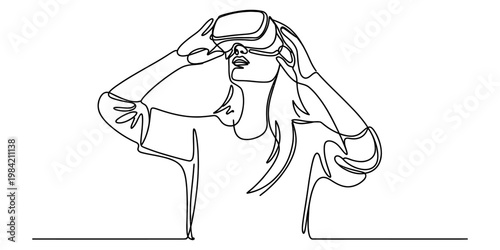 A single continuous line drawing of a young woman experiencing a virtual reality headset device Vector, illustration