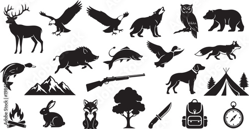 Wildlife and outdoor adventure icons in black silhouette