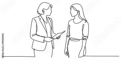 A single continuous line drawing of a professional woman showing a document to a younger female Vector, illustration