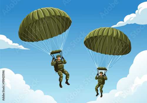Vector illustration of military personnel skydiving with parachutes against a bright blue sky and clouds