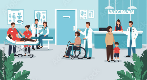 Medical Centre Vector Illustration Diverse Patients and Healthcare Professionals in a Modern Clinic Setting