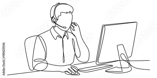 Continuous line drawing of a customer service representative working on a computer at the desk. Vector, illustration