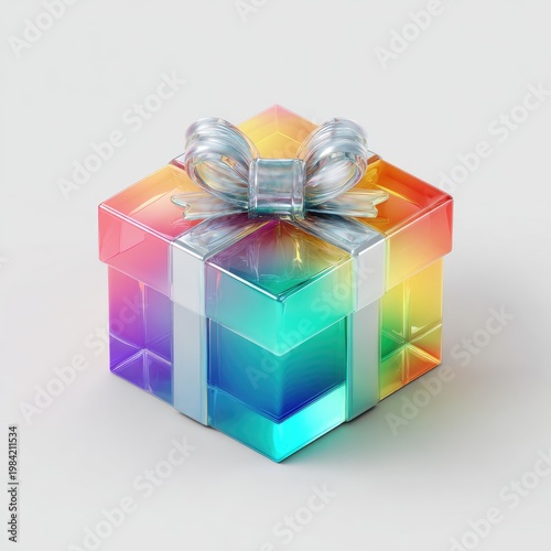 A vibrant, iridescent gift box with a translucent bow is presented against a neutral backdrop.